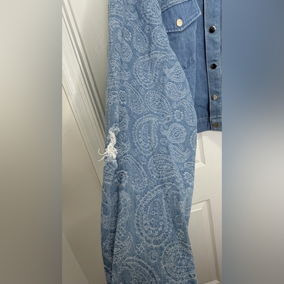 BoohooMan- Boxy Fit Paisley Spliced Denim Jacket MID BLUE-XL - Picture 6 of 9